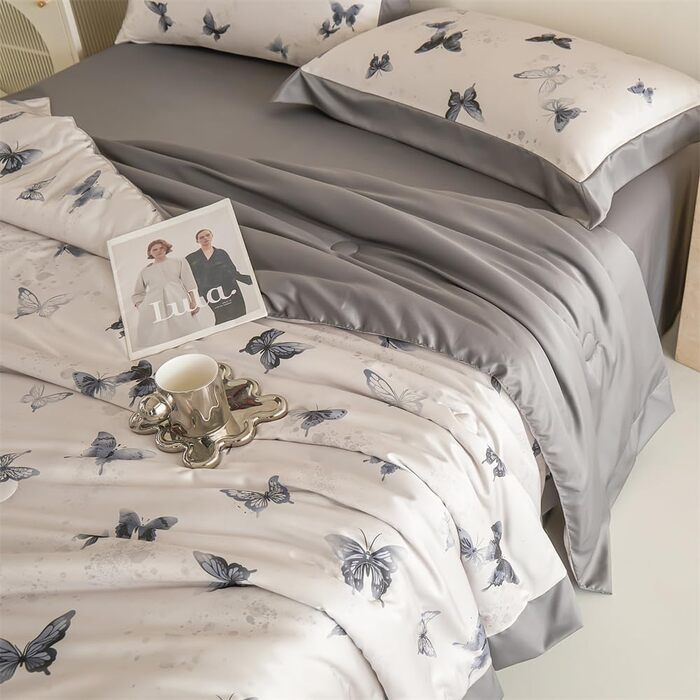 Атласне покривало, гладеньке як шовк, стьобана ковдра з метеликами та квітковим візерунком для двоспальних та односпальних ліжок, легке, м&39яке, штучний шовк, прохолодна літня ковдра (сірий, 200x230 см) сірий 200x230 см