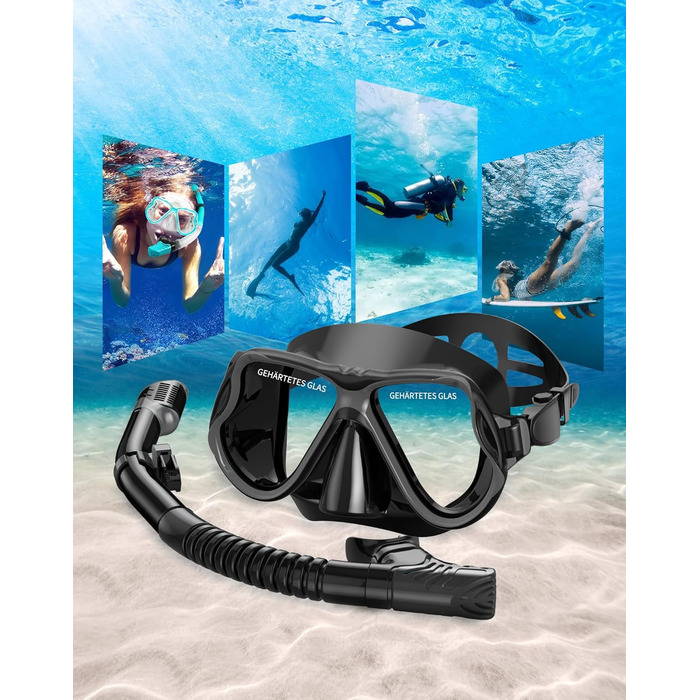 Набір для сноркелінгу QcoQce для дорослих, суха трубка з маскою для дайвінгу із загартованого скла із захистом від запотівання та протікання, панорамний вид та легке дихання для сноркелінгу та дайвінгу, чорний