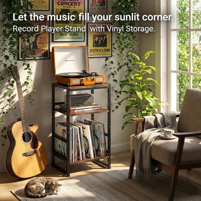 Підставка для програвача платівок, 3-ярусний бічний столик, столик для програвача платівок, до 120 альбомів, столик для вітальні, спальні, вінтажний коричневий (сільський коричневий)