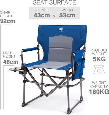 Крісло режисера EVER ADVANCED, складне, вантажопідйомність 180 кг, невеликий розмір упаковки, складне кемпінгове крісло з бічним столиком, портативне складне рибальське крісло з бічною кишенею для кемпінгу, риболовлі, фестивалів, пікніків, синє