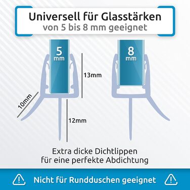 Змінний ущільнювач душу Sealis - Прокладка для 5 мм / 6 мм / 7 мм / 8 мм Скляні двері Душова кабіна Душова кабіна Дефлектор води Ущільнювальна смуга для захисту від бризок (пучок) (100 см, прозора)