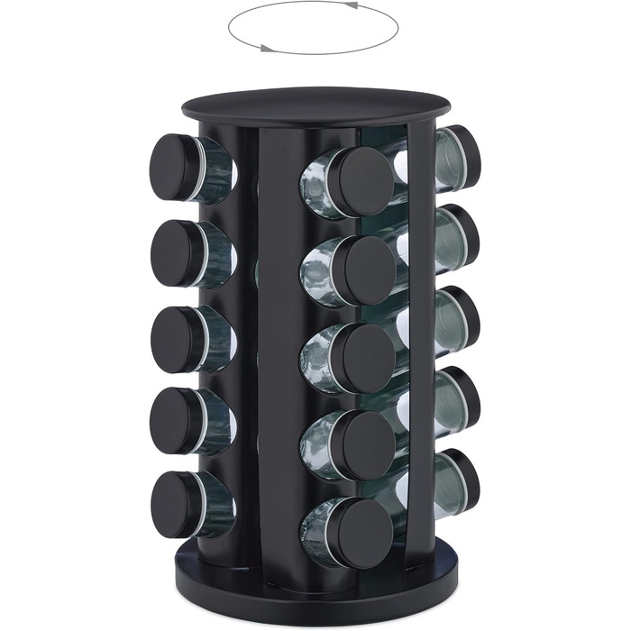 Карусель для спецій Relaxdays з 20 баночками для спецій, включаючи вставку-шейкер, обертова, багаторазова підставка для спецій для кухні, чорна