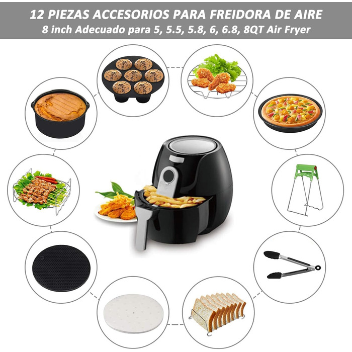 Аксесуари для фритюрниці LieIe 8 дюймів 12 шт. - Набір аксесуарів для фритюрниці Airfryer xxl для фритюрниці COSORI Princess Ninja Аерофритюрниця Philips Tefal 4.5 л 5.2 л 5.5 л XL - без бісфенолу А - антипригарне покриття