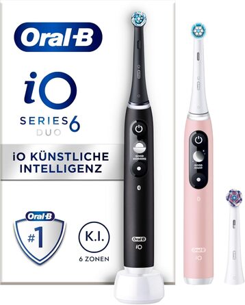 Електрична зубна щітка/електрична зубна щітка Oral-B iO Series 6, подвійна упаковка та 3 щітки, 5 режимів чищення для догляду за зубами, магнітна технологія, дисплей, дизайн Braun, чорна лава/рожевий пісок