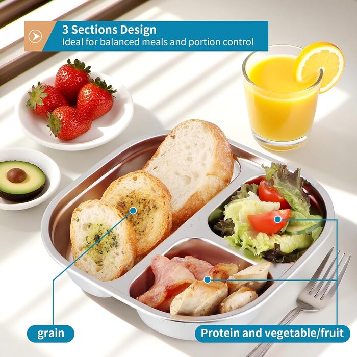Набір з 3 нержавіючих тарілок з розділеннями та кришками, маленькі 3-секційні підноси для їжі, порційний контроль для дієти, шкільних обідів, домашньої їжі, пікніків та походів