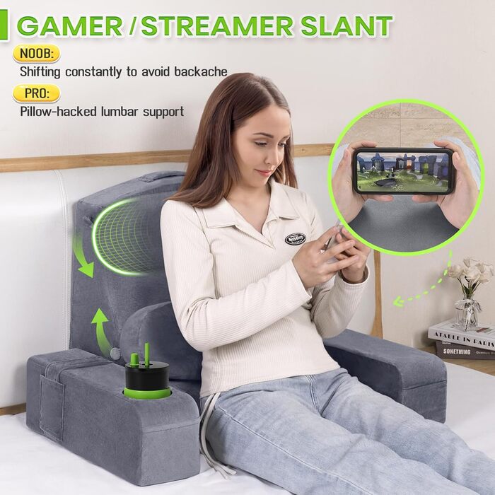 Подушка для читання для дорослих - спинка ліжка зі знімними підлокітниками, підсклянником та підсклянником для телефону - спинка подушки для комфортного сидіння в ліжку (СІРА, 53 см) Сіра 53 см