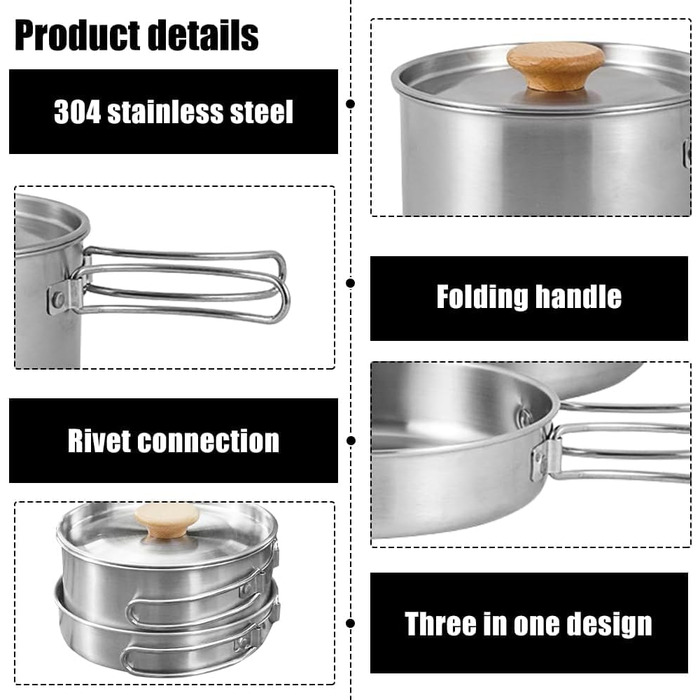 Набір посуду для кемпінгу з нержавіючої сталі каструля з кришкою та складаною ручкою, портативний посуд для туризму, походів, риболовлі та пікніків