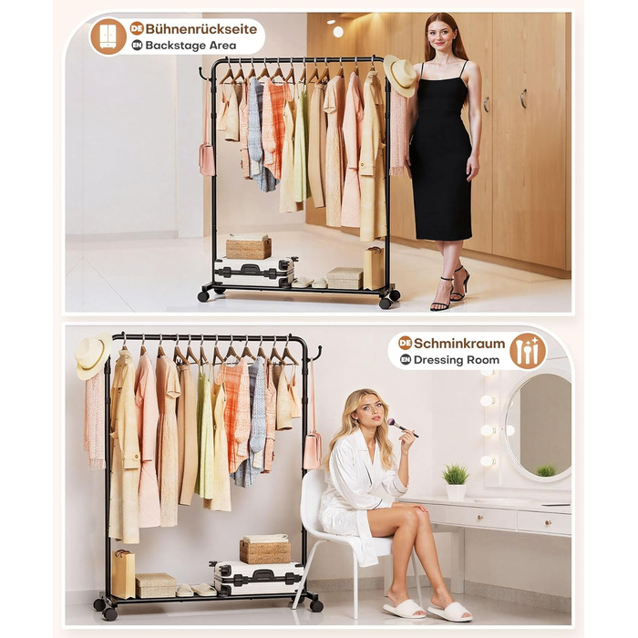 Багатофункціональна вішалка для одягу Yorbay з регульованою висотою на колесах міцна металева вішалка для одягу з полицею для багажу - компактна вішалка для одягу для спальні та пральні (117,5 см) чорного кольору 117,5 см