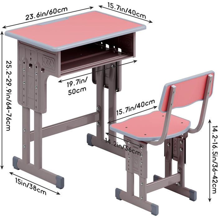 Дитячий комплект столу та стільця, регульований по висоті, для школи та університету, комплект столу та стільця з шухлядою для зберігання речей, ергономічний комплект стільців для роботи з гачком для рюкзака, підходить для дітей від