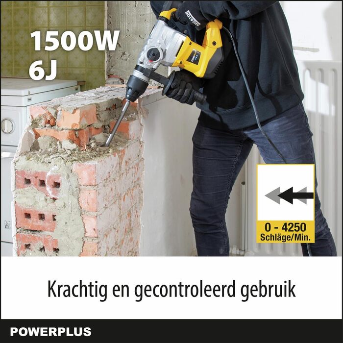 Перфоратор POWER plus POWX1195 свердлить, довбати та молотувати Комплект для бетону, цегли та дерева з кейсом та набором аксесуарів (зубило, бури) 6 Дж 5 шт. (SDS plus), потужність 1500 Вт