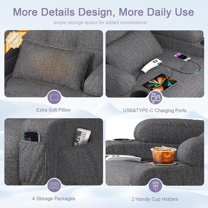 Крісло для телевізора з розкладним підйомником, масажне крісло з електрорегулюванням та функцією підігріву, функція відкидання, 2 підстаканники, 4 бічні кишені, порти типу C та USB, крісло для телевізора з підставкою для ніг, вітальня, темно-сірий