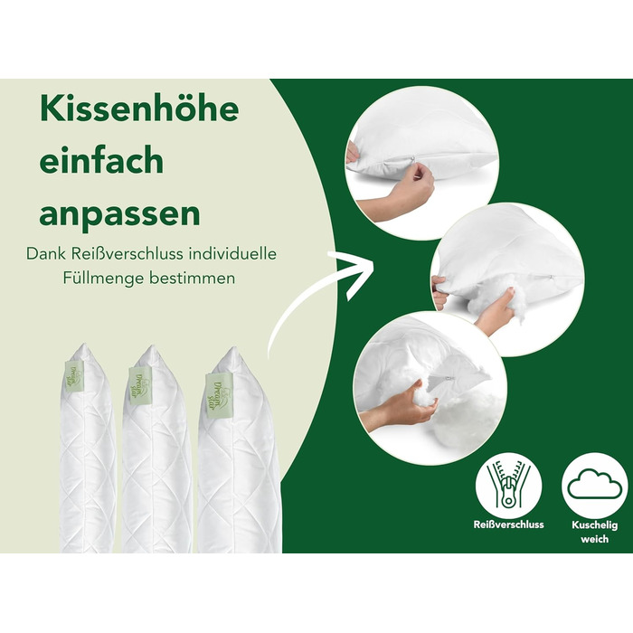 Подушка DREAMSTAR 40 x 80 см Комплект з 2 шт. Преміальний наповнювач для подушки 650 г Жорстка подушка з регульованою блискавкою Можна прати при температурі до 60 градусів Підходить для алергіків 40 x 80 см Преміум додатковий наповнювач, 2 шт., 40 x 80 см