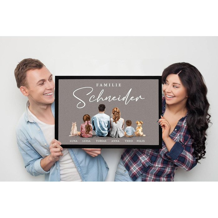 Сімейний килимок для дверей з іменами та фігурками, можна налаштувати для 1, 2, 3, 4 дітей, кіт, собака, акварельний малюнок, нековзний та миється, чорний, 60x40 см.