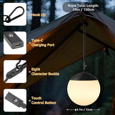 Набір із 2 ламп MALUX Sphere I Вуличний кемпінговий світильник I Світлодіодний підвісний садовий світильник із 8 кольорами I Регульоване освітлення для кемпінгу I Водонепроникний IPX4 I Балконний світильник, кемпінговий світильник