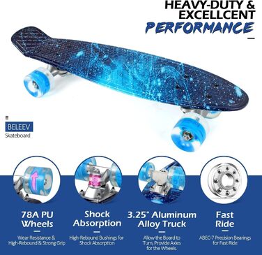 Скейтборд для дітей, підлітків та дорослих BELEEV Mini Cruiser Skateboard 22 Inch – Galaxy Blue, світлодіодні колеса з підсвічуванням