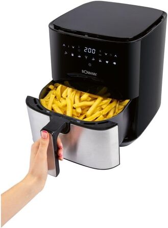 Фритюрниця Bomann XXL - фритюрниця 5 л Гаряче повітря для знежиреного смаження Мультипіч з нержавіючої сталі з цифровим сенсорним екраном Потік повітря на 360 Фритюрниця з 8 програмами FR 6069 H CB Чорний/Нержавіюча сталь *Модель 2024*