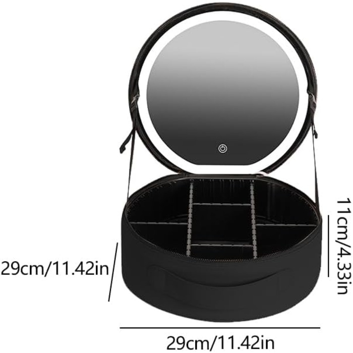 Кругла косметичка з дзеркалом, світлодіодне підсвічування, жіноча косметичка, водонепроникна, великої місткості, PU шкіра, модна дорожня косметичка чорна