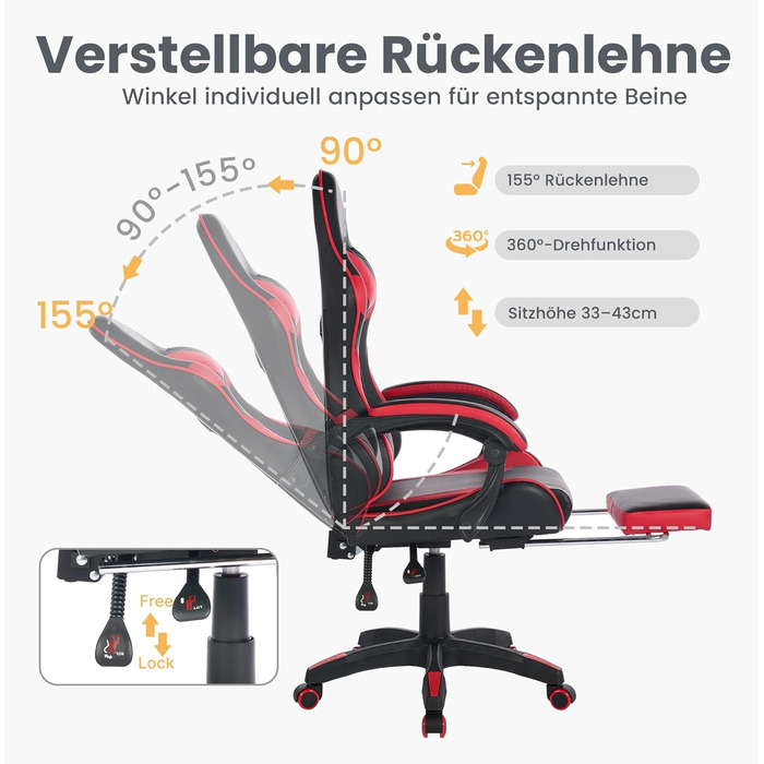 Ергономічне ігрове крісло з функцією масажу та підставкою для ніг вантажопідйомність 150 кг, ергономічне офісне крісло в гоночному дизайні, регульоване по висоті з опорою для голови та попереку для офісу та комп&39ютерних ігор, чорно-червоне.