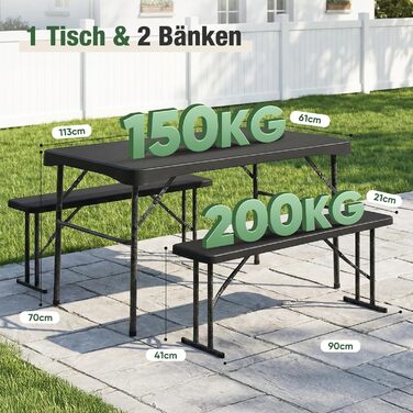 Складаний пластиковий пивний садовий набір Sekey Обідній стіл 113 x 61 см з 2 лавками для 4 осіб Набір для пивного саду для приміщень/вулиці Садовий комплект пивних столів (чорний) Чорний/113 см