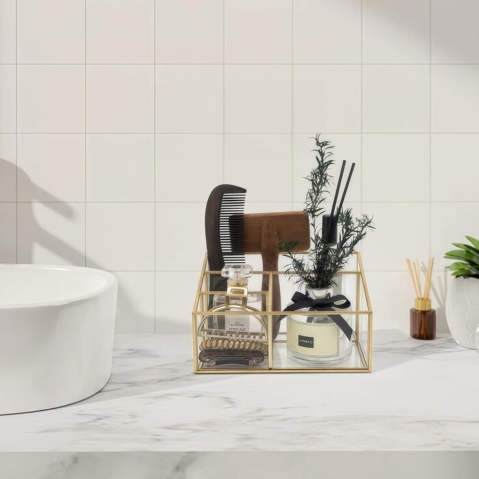 Органайзер для косметики, золотий органайзер для туалетного столика, тримач для пензлів для макіяжу, тримач для палітри тіней для повік з 4 відділеннями, прозорий органайзер для макіяжу для спальні та ванної кімнати, ретро D41B