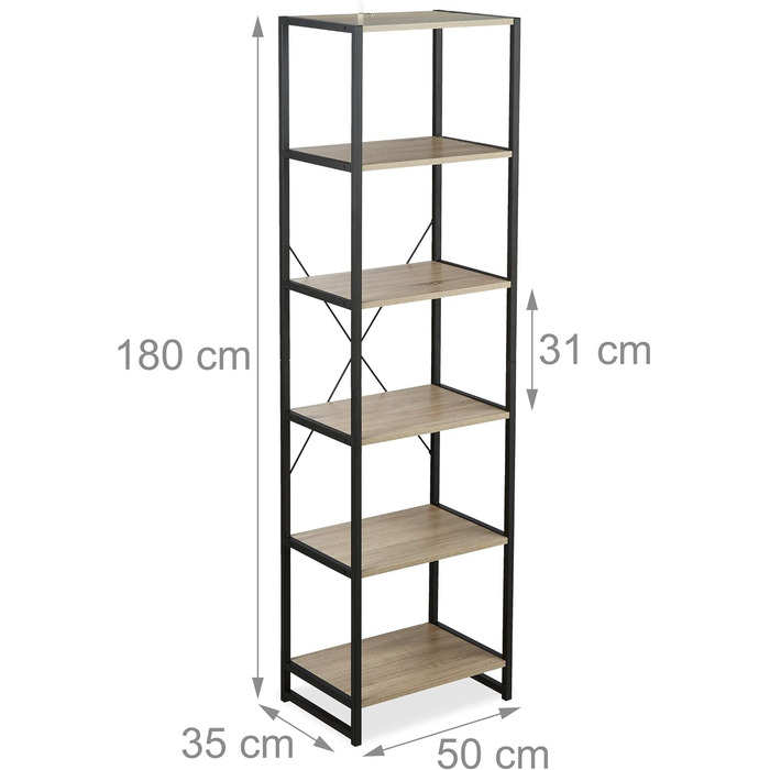 Окремостояча полиця Relaxdays, висока книжкова шафа з 6 відділеннями, промисловий дизайн, ВxШxГ 180x50x35 см, ПБ/Метал, коричневий