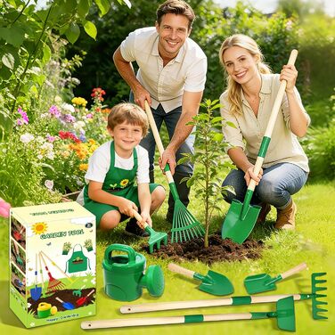 Набір дитячих садових інструментів (10 шт.) металевий набір з лопаткою, граблями, вилами, рукавичками, фартухом, лійкою, повний комплект для ігор у саду, на подвір'ї та газоні (зелений)