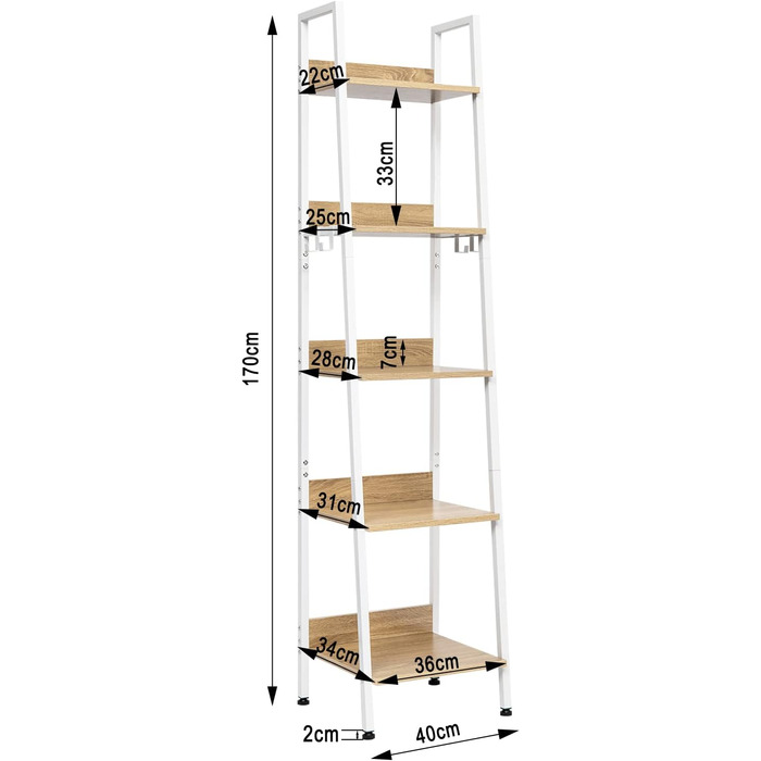 Рівнева полиця для зберігання, кухонна полиця з 4 гачками, книжкова полиця в індустріальному стилі, окремостояча полиця для вітальні/кухні, полиця з МДФ/металу, вузька полиця-драбина, білий колір, 40 x 170 x 36 см, RGB9289whe, світлий дуб білий, 5 полиць 