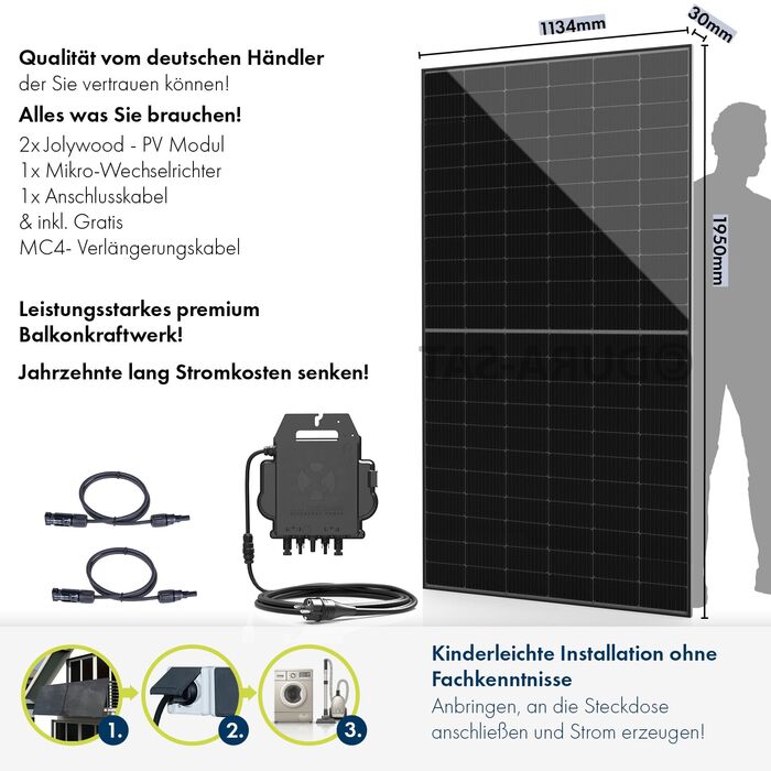 Балконна електростанція SPAUN 1000 Вт Комплект 800 Вт з двосторонньою фотоелектричною потужністю до 1300 Вт та 15-метровим кабелем для підключення до розетки - дистанційний моніторинг через WiFi, міні-фотоелектрична система, 15-метровий кабель N-TOPCon, 8