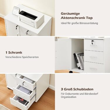 Шафа для файлів TUKAILAI на колесах із замком, мобільна шафа для документів із 3 шухлядами та відділенням, 4 коліщатка, шафа з шухлядами для офісу та домашнього офісу, біла