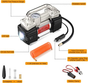 Повітряний компресор GSPSCN 12V, портативний металевий насос для накачування шин 150PSI, автомобільний двоциліндровий повітряний насос зі світлодіодними ліхтарями для легкового автомобіля, вантажівки, позашляховика, автофургону, м'ячів тощо. Срібло