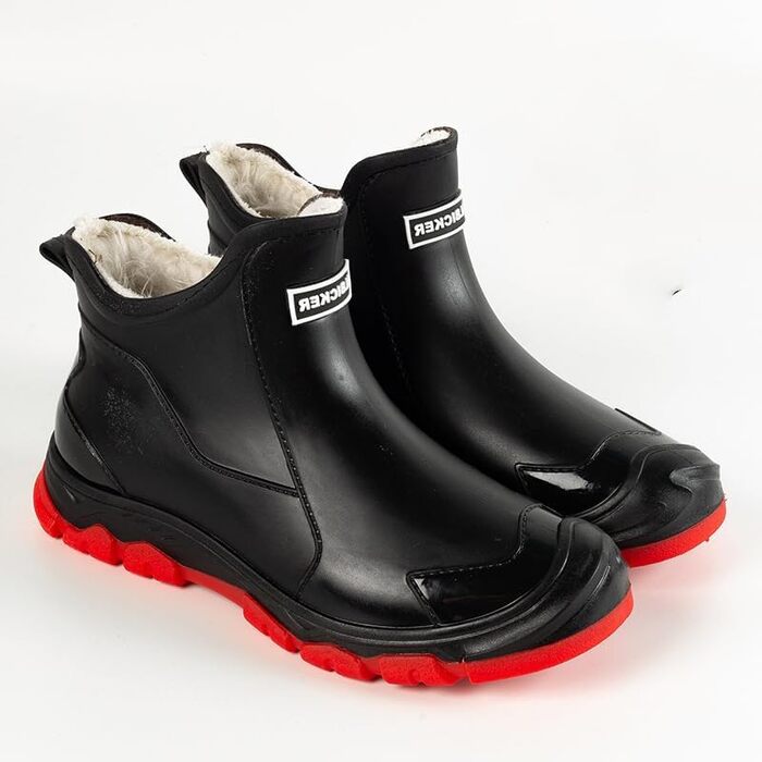 Водонепроникні гумові чоботи Pangolin з теплою підкладкою, чоботи-челсі з ПВХ для саду та щоденного використання, нековзка гумова підошва з протектором, короткі гумові чоботи для жінок та чоловіків, чорно-червоні, розмір ЄС 40