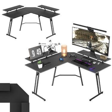 Ігровий стіл UISEBRT L-подібної форми 120 x 120 см з підставкою для монітора, ергономічний великий комп&39ютерний стіл з вуглецевого волокна, кутовий стіл для домашнього офісу - чорний