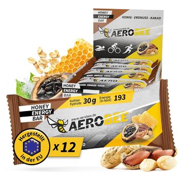 Енергетичний батончик AEROBEE - Унікальний енергетичний батончик з меду, арахісу та какао 12x50 г - Вівсяний батончик без цукру, ідеальний батончик для витривалості та енергії, їжа для походів або заміна їжі в офісі Мед, арахіс та какао (12 шт. )