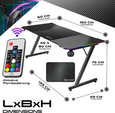 Ігровий стіл KESSER зі світлодіодним освітленням, 160 см x 60 см Z-подібний ігровий стіл Кріплення для навушників та вуглецеве покриття Ергономічний комп&39ютерний стіл Міцний стіл з підсклянником, чорний, 160 x 60 см, вуглецеве покриття зі світлодіодним 