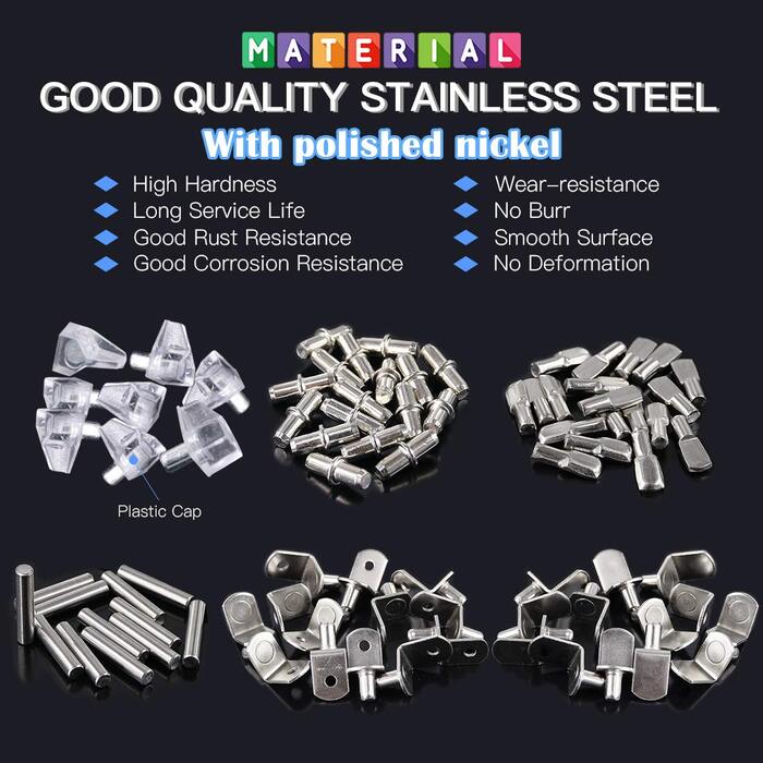 Кільцева підставка для полиць Glarks у 6 стилях, нікелеві опори для полиць, ПВХ-кільцева підставка для полиць, плоскі кілочки-ложки, циліндричні тримачі для кілочків, L-подібні кронштейни та штифти для шаф, 160 шт. різних розмірів