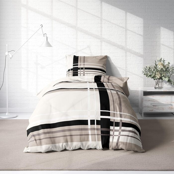 Зимова фланелева постільна білизна з бавовни Затишна пухнаста тепла м&39яка підковдра Сучасна, Розмір 4-предметна 135x200 см, Колір Графічна смужка бежева 4-предметна 135x200 см Графічна смужка бежева