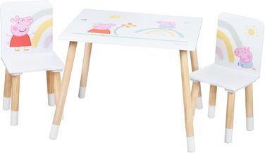 Дитячий комплект крісел roba Свинка Пеппа - 2 дитячі стільці та 1 дитячий столик - Комплект сидінь з рожевим мультяшним мотивом - Дерево Біле / Натуральний - від 18 місяців