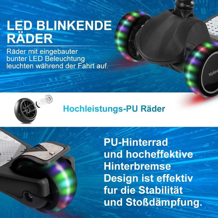 Дитячий самокат YOLEO дитячий самокат триколісний самокат зі світлодіодними колесами, 2-колісні задні гальма, 4 регульовані по вис