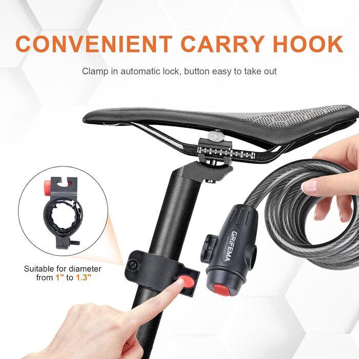 Замок велосипедний GRIFEMA з 2 ключами 120см/12мм, дитячий велосипедний замок, високий рівень безпеки, протиугінний трос для велосипеда з тримачем, аксесуари для велосипеда, чорний замок зі ключами