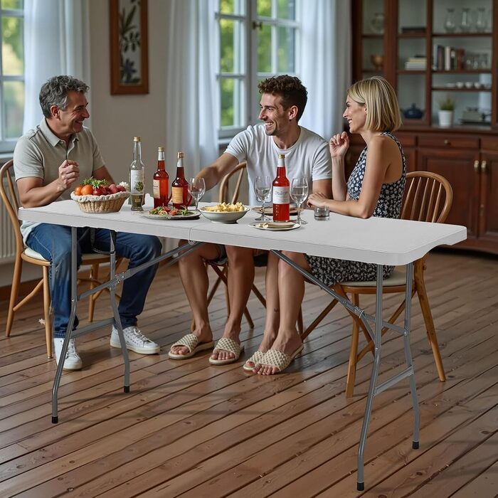 Розкладний фуршетний стіл VEVOR, портативний універсальний стіл, 180 см, прямокутний пластиковий стіл (для 4-6 осіб) з інтегрованою ручкою, садовий стіл, кемпінговий стіл для вечірок, пікніків, кемпінгу, білий