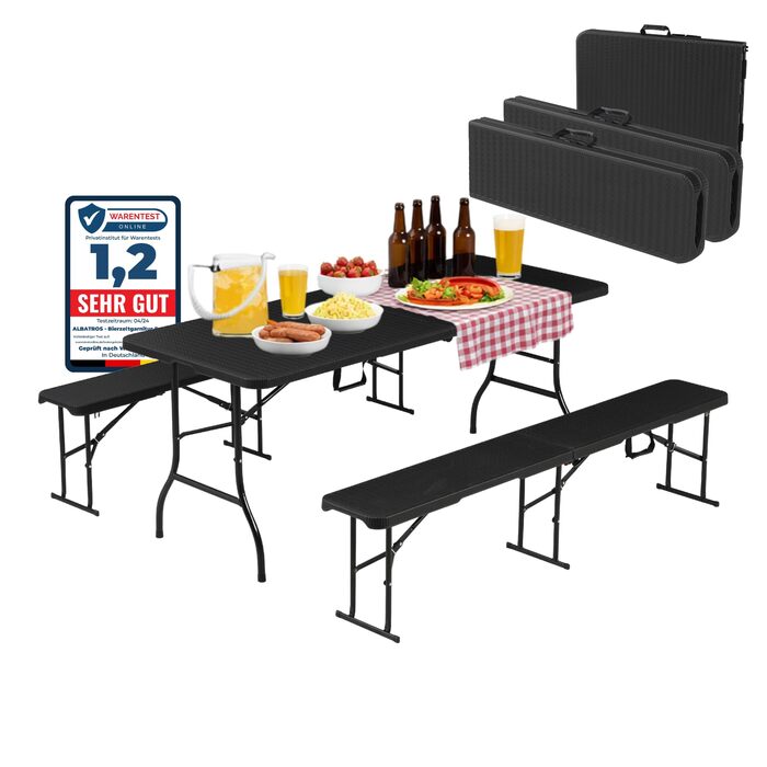 Складаний пивний садовий набір ALBATROS, 3 предмети Міцний розкладний стіл (300 кг) та 2 пивні лавки (500 кг) Комплект пивних столів на 10 осіб Стіл для кемпінгу на вулиці Пивний стіл 182 см Комплект садових меблів