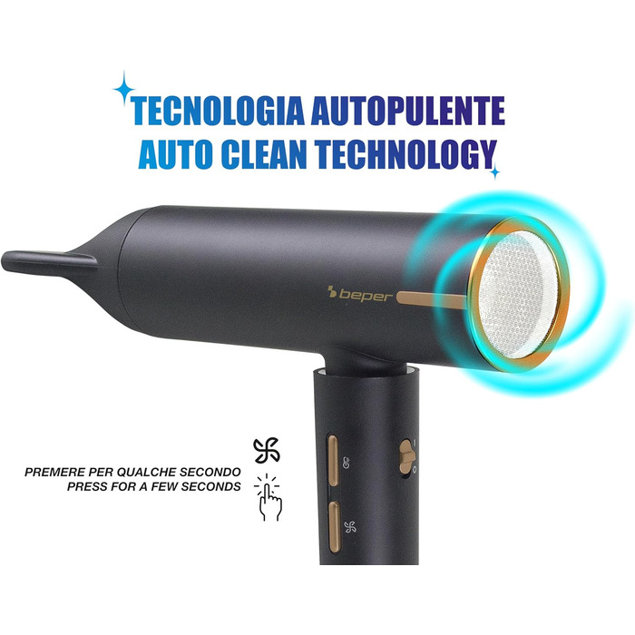 Безщітковий фен BEPER P301ASC010, 1800 Вт, 3 швидкості, 3 температурні режими, LED-індикатор температури, функція самоочищення сітки, чорний, з аксесуарами