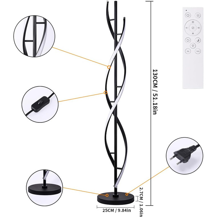 Світлодіодний торшер ELINKUME з пультом дистанційного керування, чорний спіральний торшер з регулюванням яскравості для вітальні Багатобарвний температурний торшер