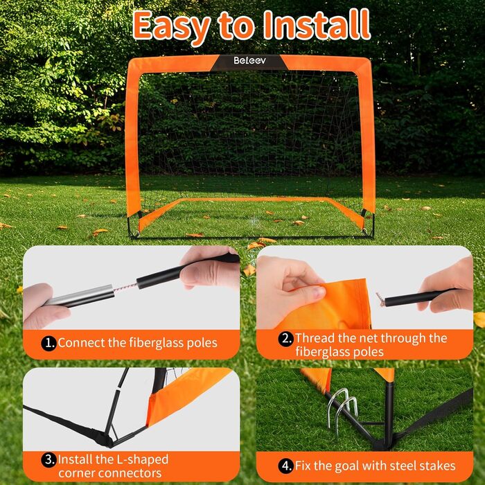 Дитячі футбольні ворота BELEEV для саду 4x3/6x4 фути, високоякісний портативний складний комплект футбольних воріт зі світлодіодними ліхтарями, скловолокнистими стійками, сумкою для перенесення, для тренувань у приміщенні та на відкритому повітрі, подарун