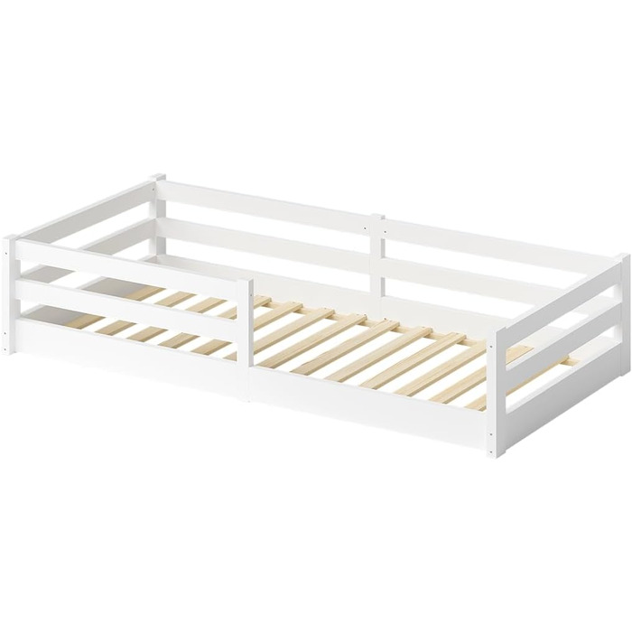 Ліжко Bellabino Iskri на підлозі 90x200 см Дитяче ліжко Монтессорі із захистом від падіння та рейковою основою Дерев&39яне ліжко для хлопчиків та дівчаток з масиву сосни білого кольору Ліжко для малюків білого кольору 90x200 см без матраца