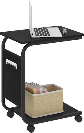 Журнальний столик WOLTU з 2 полицями та 1 бічною кишенею, журнальний столик-диван з місцем для зберігання, С-подібний стіл для вітальні, на колесах, для ліжка або дивана, виготовлений з дерева та металу, 50x62x35 см, чорний, BTS04sz