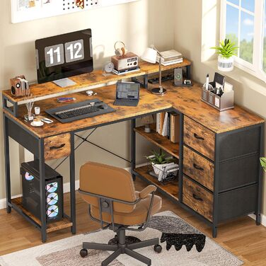 Подібний письмовий стіл із USB-портом для зарядки та розеткою, двосторонній кутовий стіл із 4 шухлядами та полицею, ігровий стіл із підставкою для монітора, 140x100 см, комп&39ютерний стіл для офісу, коричневий