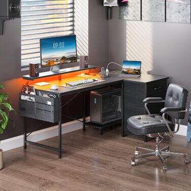 Кутовий письмовий стіл ODK з 4 тканинними шухлядами, 140x80 см, двосторонній L-подібний стіл з 2 розетками та 2 портами зарядки USB, L-подібний ігровий стіл зі світлодіодним освітленням та підставкою для монітора для домашнього офісу, чорний 140 x 80 см