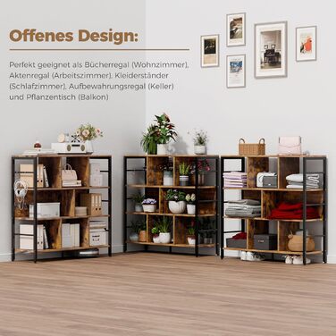 Книжкова полиця ELUCHANG, окремостояча полиця з 8 відділеннями, 3-рівнева полиця з безкоштовними гачками, для вітальні, спальні, кабінету, кухні, 30x94x95 см, вінтажний коричнево-чорний
