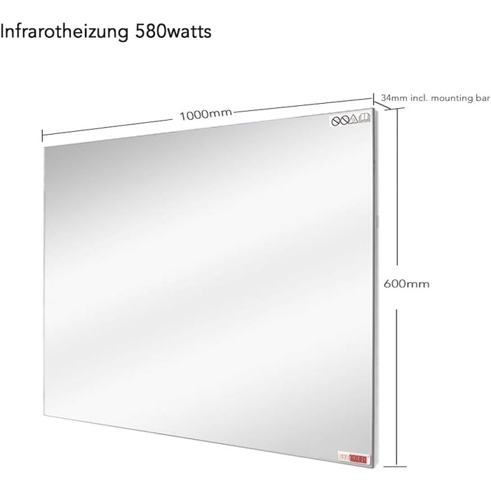 Інфрачервоний обігрівач дзеркала byecold 580 Вт настінний зі світлодіодним підсвічуванням (100x60 см), електричний інфрачервоний обігрівач дзеркала, електричний обігрівач дзеркала для ванної кімнати, дзеркало у ванній кімнаті з захистом від запотівання та